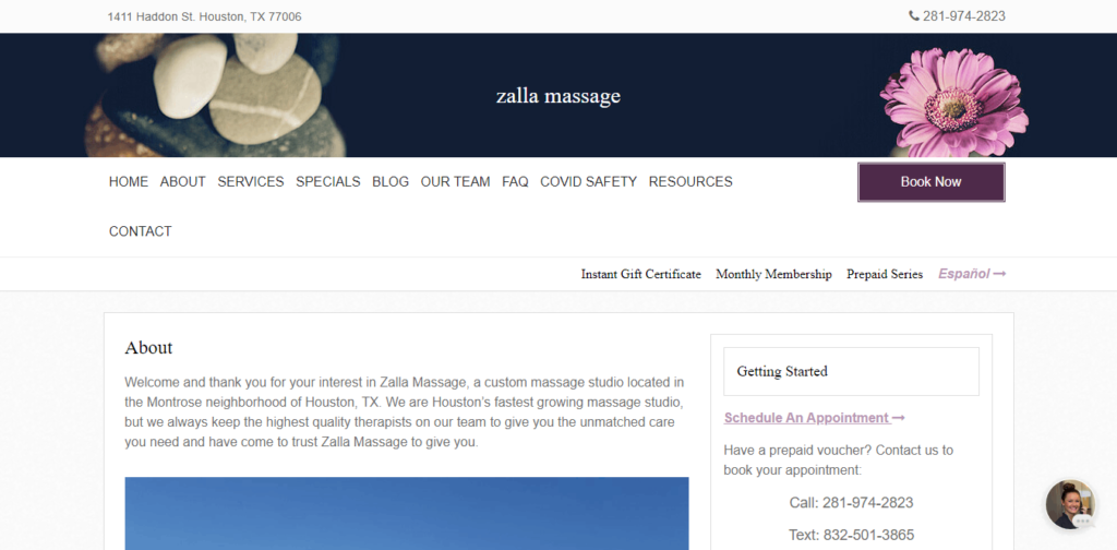 Homepage of Zalla Massage / http://www.zallamassage.com/about
Link: http://www.zallamassage.com/about