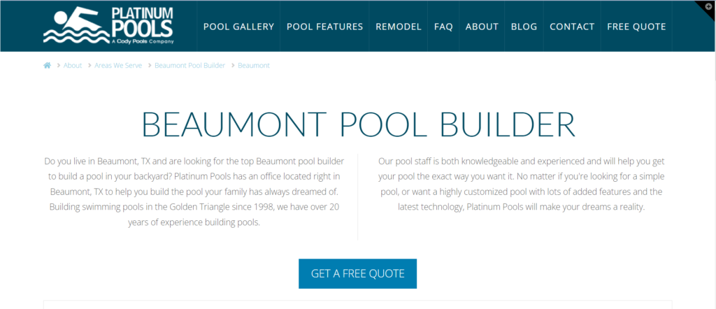 Homepage of Platinum Pools website / platinumpools.com
