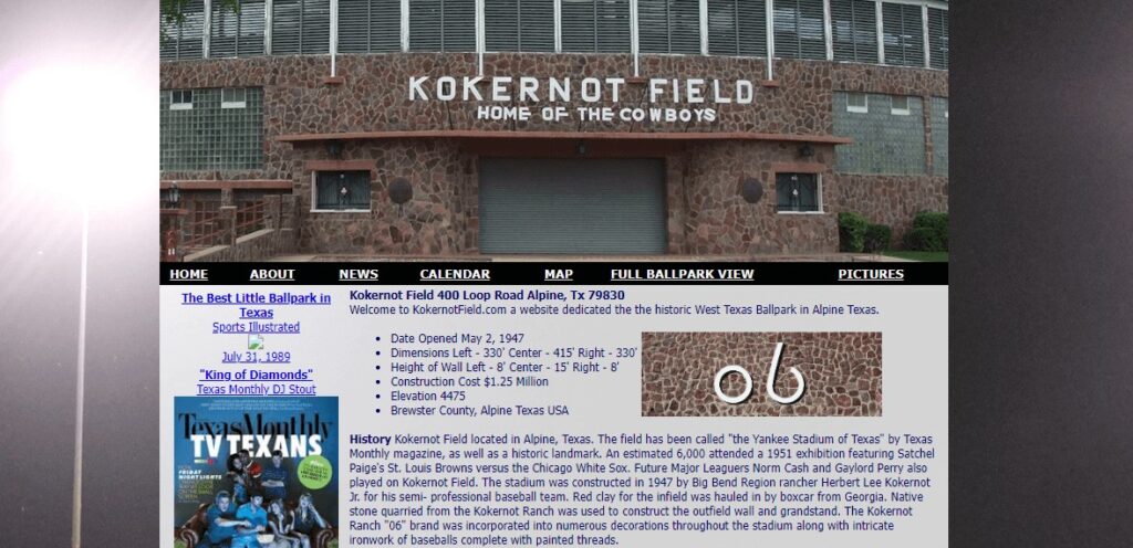 Homepage of Kokernot Field website
Link: http://www.kokernotfield.com/
