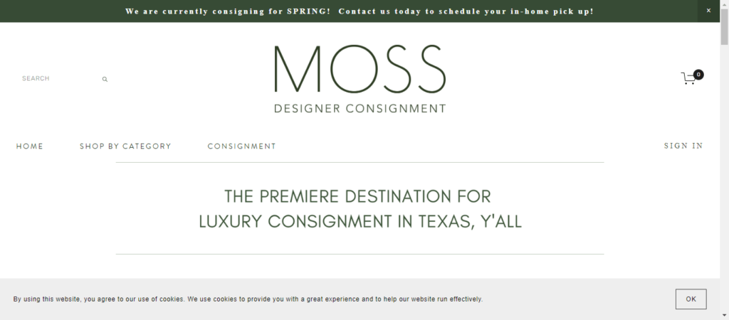 Homepage of Moss Designer Consignment / mossconsignment.com.