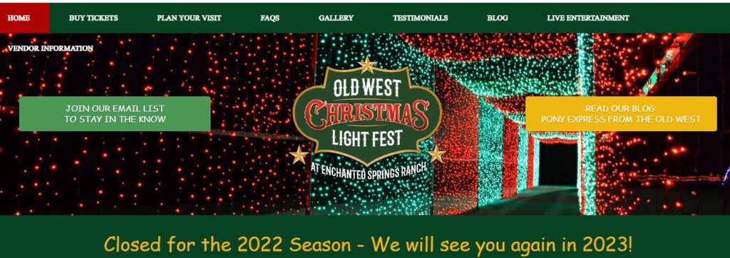 Homepage of Old West Christmas Light Fest website
Link: https://christmaslightfest.com/