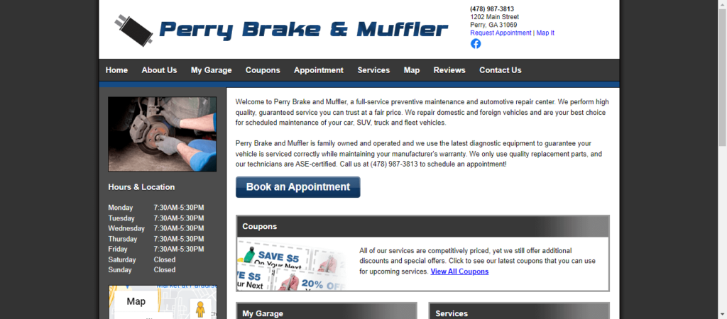 Homepage of Perry's Brake and Muffler / perrybrakeandmuffler.com.