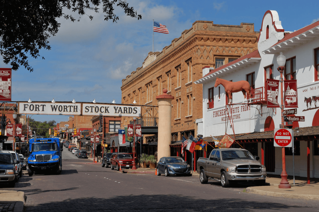 A daylight snap in front of the Fort Worth Stockyards / Wikipedia / Mark Fisher

Link: https://en.wikipedia.org/wiki/Fort_Worth_Stockyards#/media/File:0011Fort_Worth_Stockyards_Exchange_Ave_E_Texas.jpg