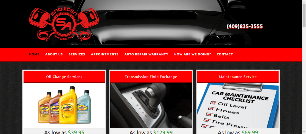 Homepage of Snowden Automotive / snowdenautomotive.com.