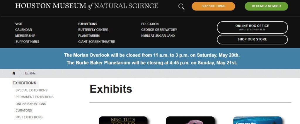 Homepage of The Houston Museum of Natural Science website
Link: https://www.hmns.org/