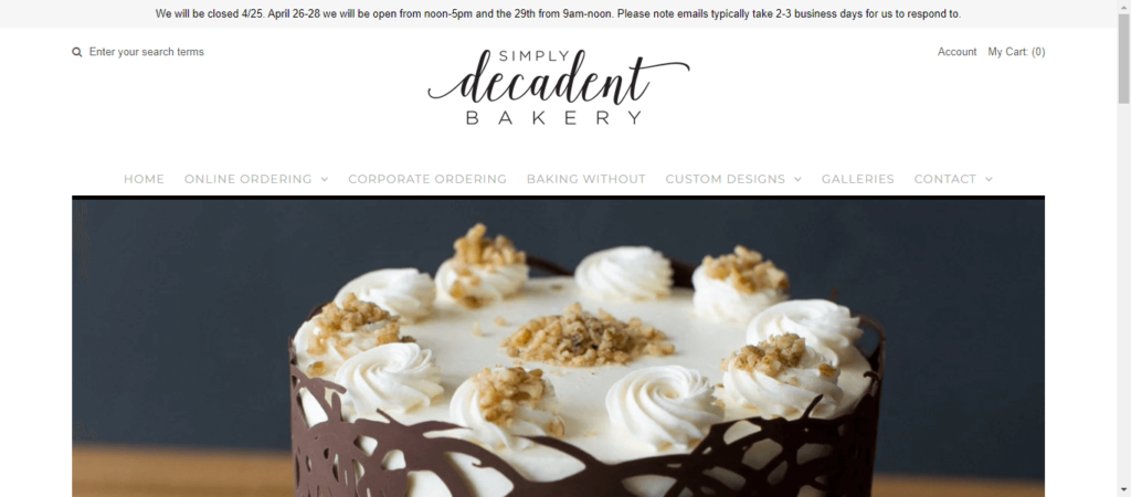 Homepage of Simply Decadent Bakery / simplydecadentlbk.com.