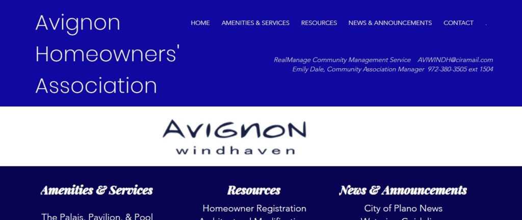 Homepage of Avignon Windhaven Website 
Link: https://www.avignonhoa.org/
