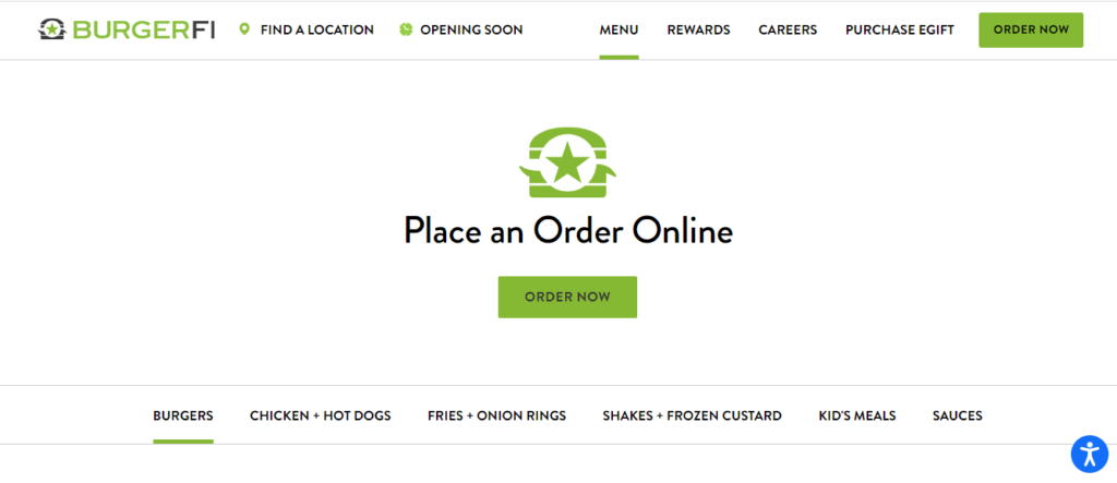 Homepage of BurgerFi Website 
Link: https://www.burgerfi.com/menu/