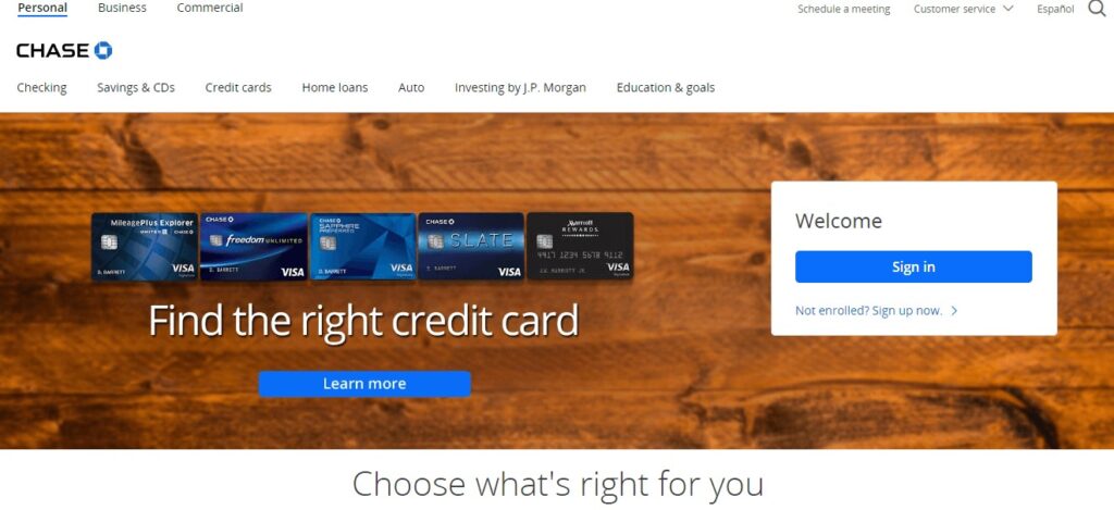 Homepage of Chase Bank Website
Link: https://www.chase.com/