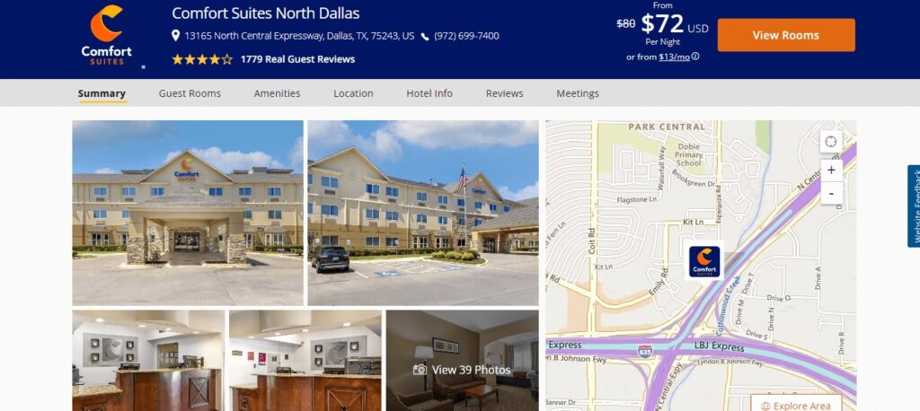 Homepage of Comfort Suites North Dallas
Link: https://www.choicehotels.com/texas/dallas/comfort-suites-hotels/tx032?mc=llgoxxpx