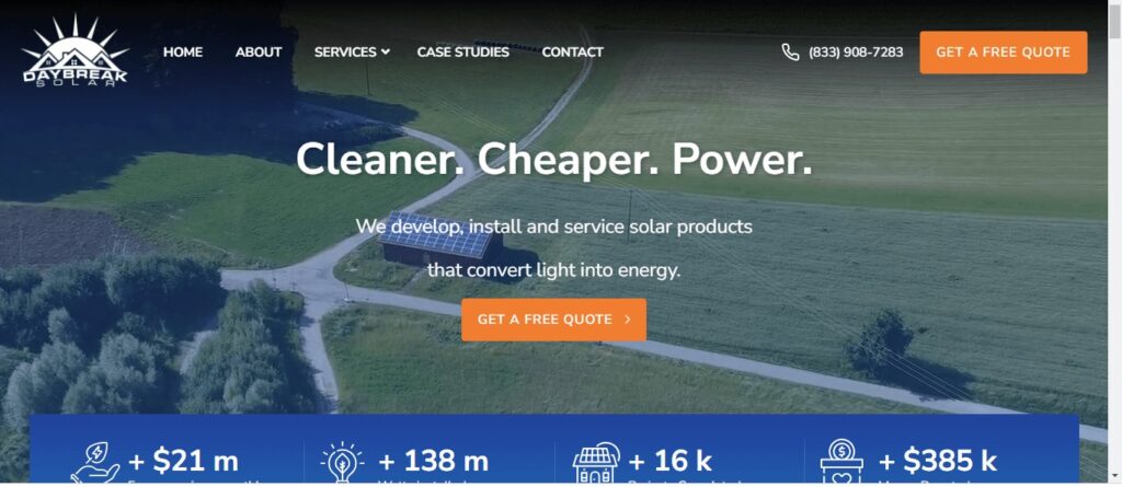 Homepage of Daybreak Solar Website
Link: https://daybreaksolarpower.com/