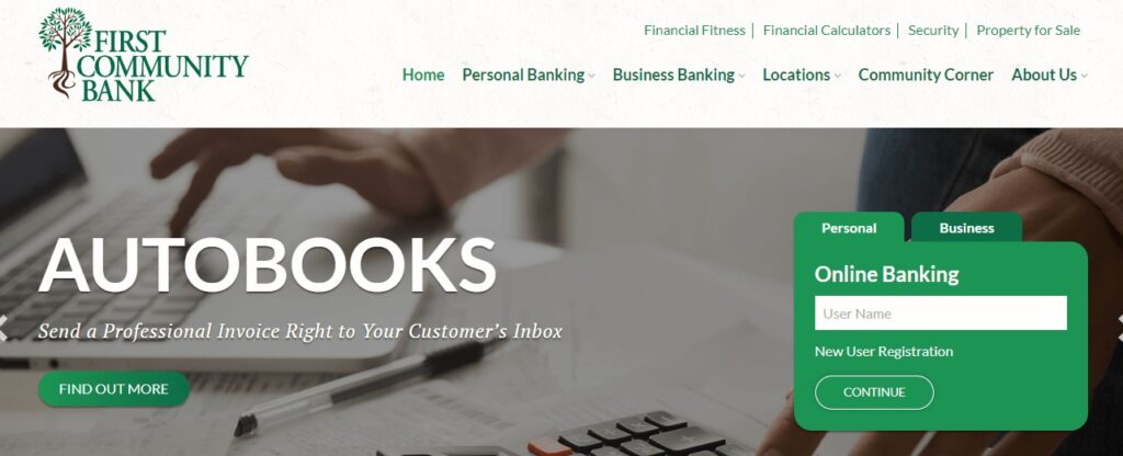 Homepage of  First Community Bank Website 
Link: https://www.fcbtx.com/