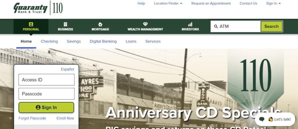 Homepage of Guaranty Bank & Trust Website
Link: https://www.gnty.com/