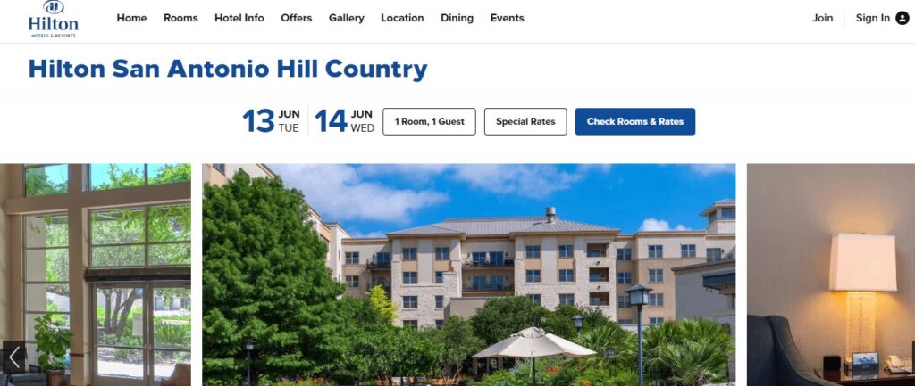 Homepage of Hilton San Antonio Hill Country Website
Link: https://www.hilton.com/en/hotels/sathchf-hilton-san-antonio-hill-country/?SEO_id=GMB-AMER-HH-SATHCHF&y_source=1_MTIyMDk4NC03MTUtbG9jYXRpb24ud2Vic2l0ZQ%3D%3D
