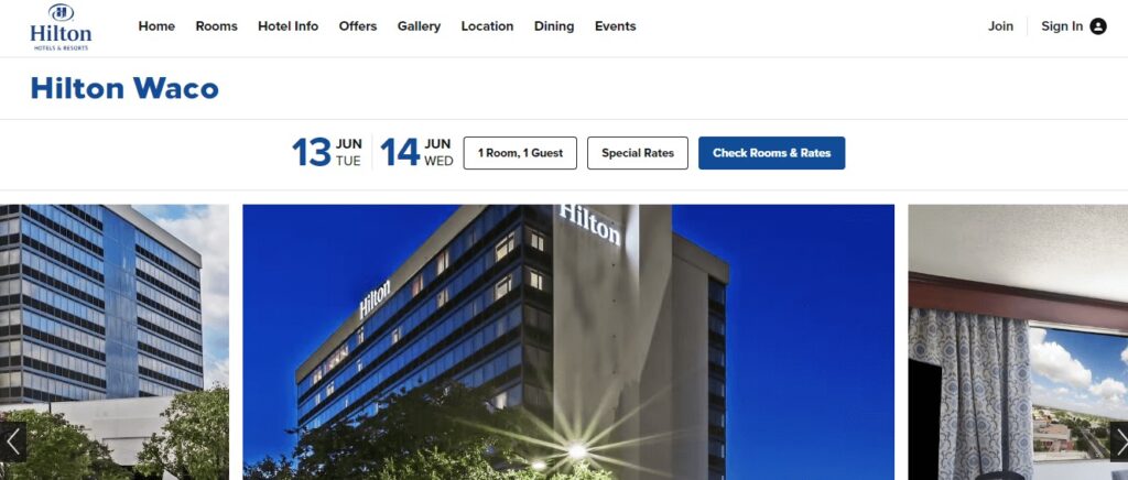 Homepage of Hilton Waco Website
Link: https://www.hilton.com/en/hotels/actwhhf-hilton-waco/?SEO_id=GMB-AMER-HH-ACTWHHF&y_source=1_MTIyMDc3Ni03MTUtbG9jYXRpb24ud2Vic2l0ZQ%3D%3D