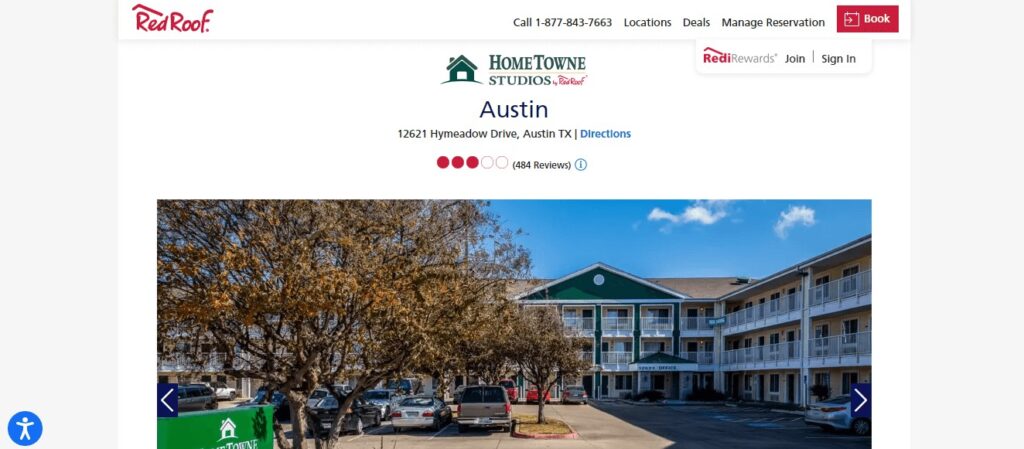 Homepage of HomeTowne Studios Austin Website
Link: https://www.redroof.com/extendedstay/hometownestudios/property/TX/Austin/HTS1043?utm_source=GMB&utm_medium=Google&utm_campaign=GMB_Performance_HTS1043