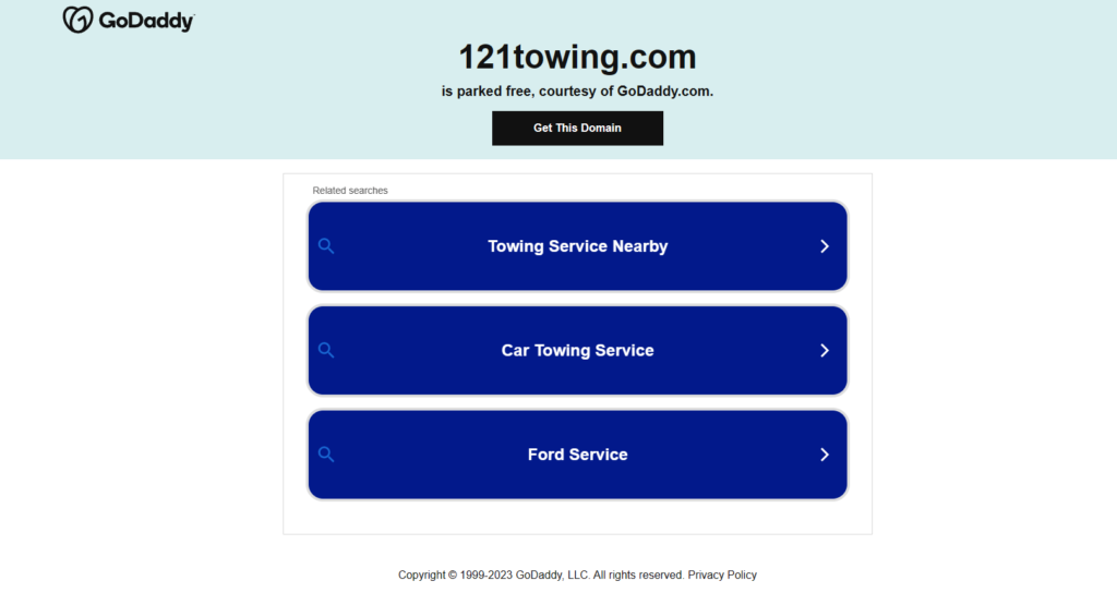 Homepage of 121 Towing's website / 121towing.com