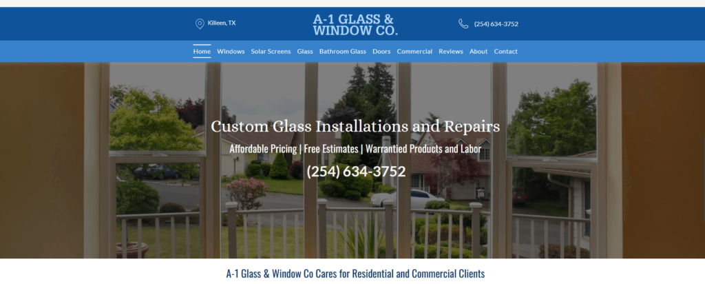 Homepage of 'A-1 Glass & Window Company's website / www.a1glasswindowtx.com