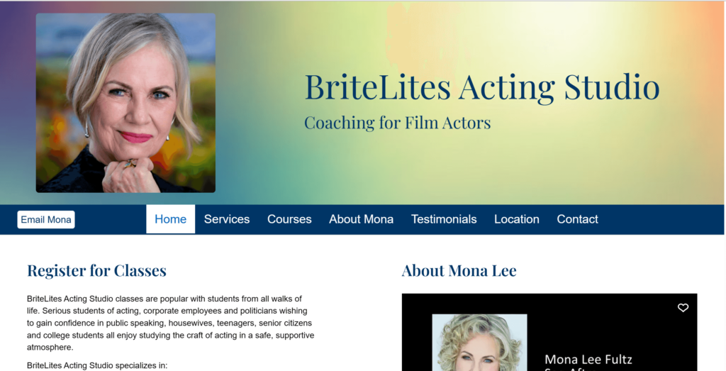 Homepage of Brite-Lites Acting Studio's website / britelitesacting.com