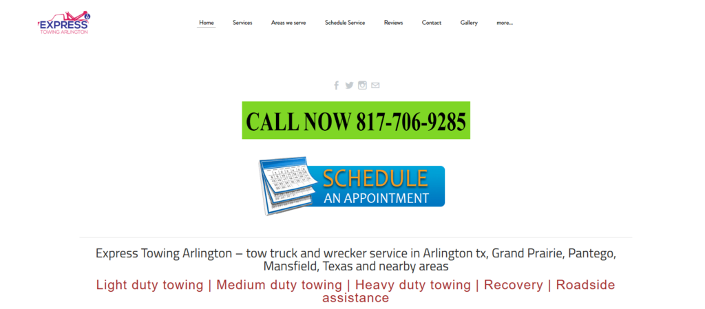 Homepage of Express Towing Arlington's website / www.expresstowingdfw.com