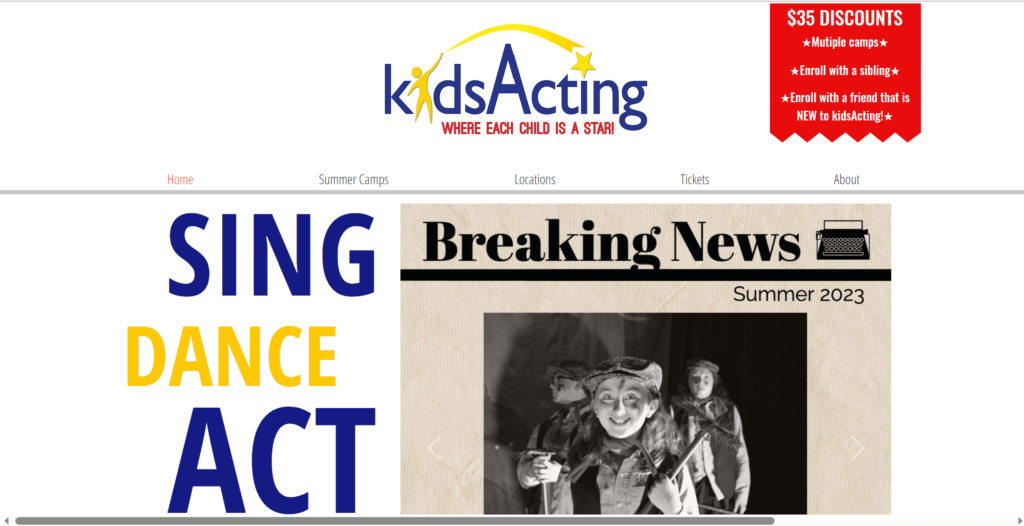 Homepage of Kids Acting Studio's website / www.kidsactingstudio.com