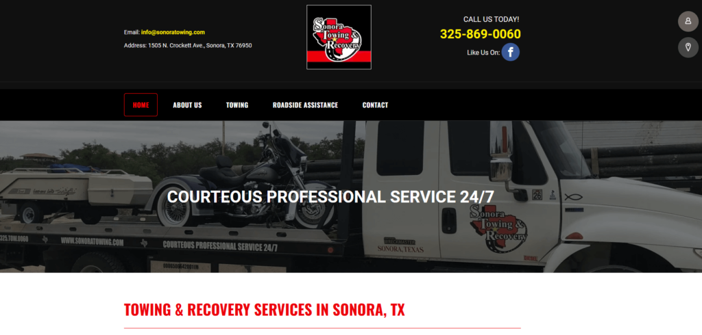 Homepage of Sonora Towing and Recovery's website / www.sonoratowing.com
