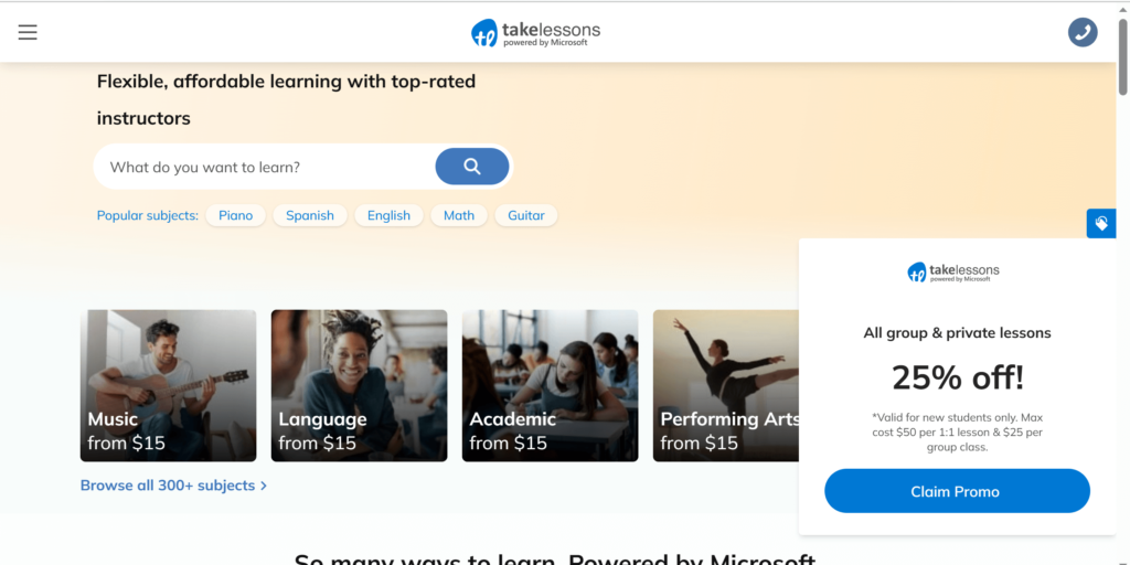 Homepage of TakeLessons (Online) / takelessons.com