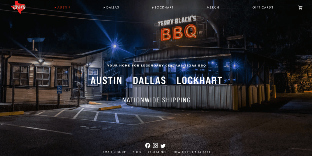 Homepage of Terry Black's Barbecue's website / www.terryblacksbbq.com