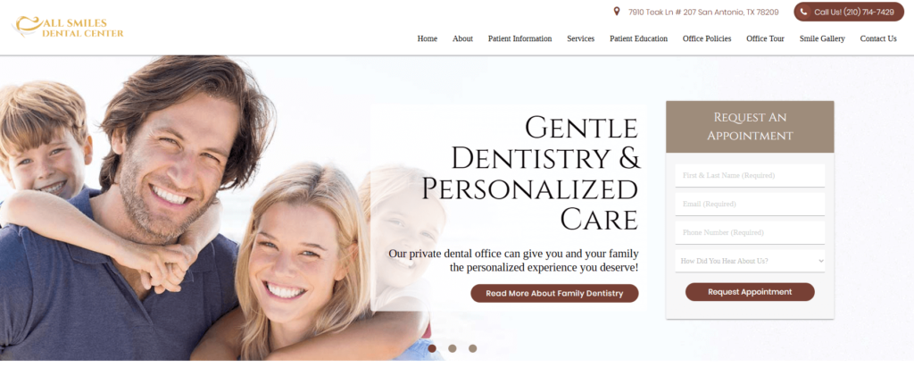 Homepage of the All Smiles Dental Center's website / www.allsmilesdentalcenter.com