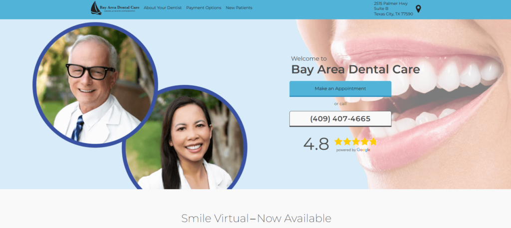 Homepage of the Bay Area Dental Care's website / www.bayareadentalcaretx.com