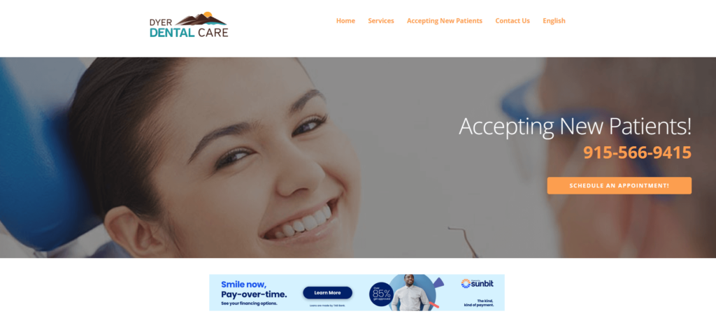 Homepage of the Dyer Dental Care's website / dyerdentalcareep.com