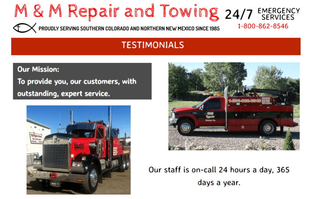 Homepage of the M & M Towing & Recovery Inc's website / www.mmrepairandtowing.com