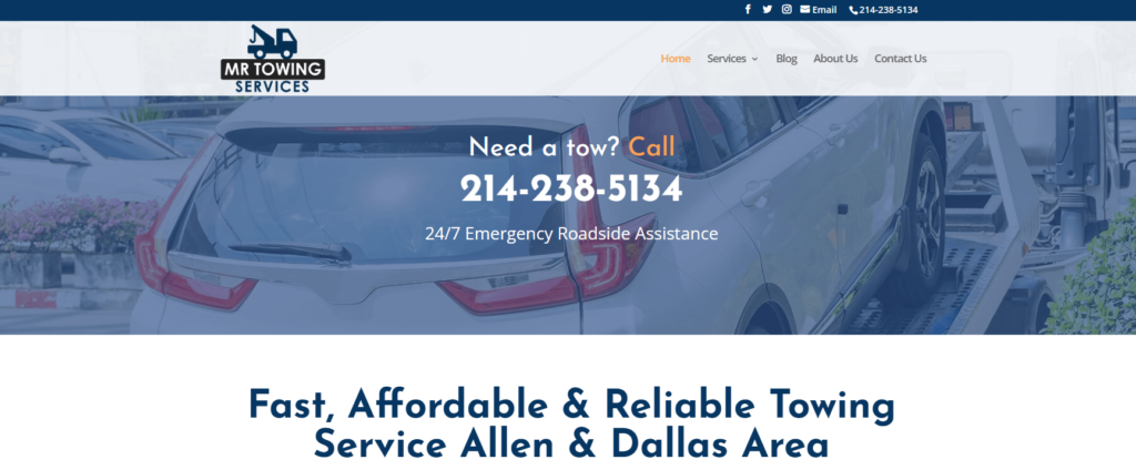 Homepage of the MR Towing Services' website / mrtowingservices.com