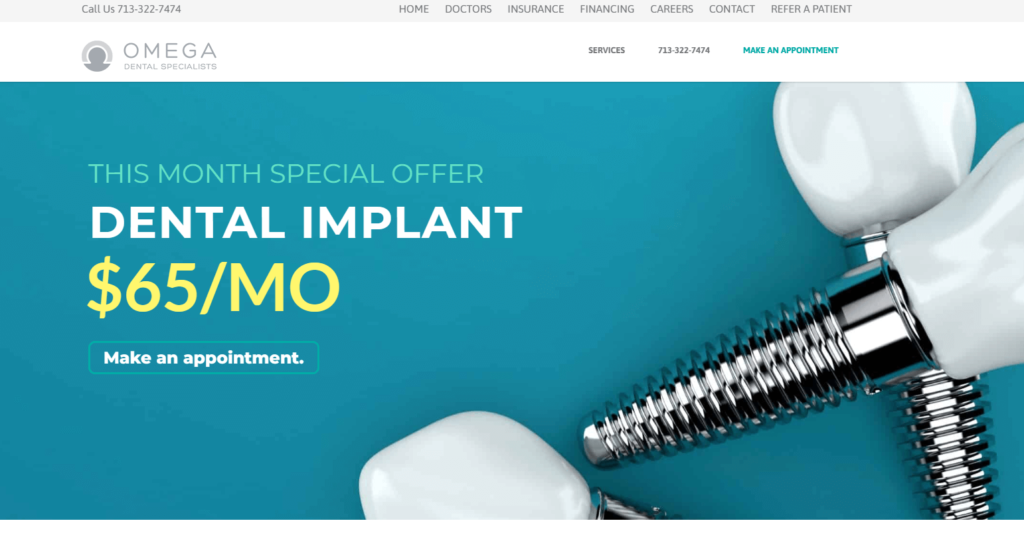 Homepage of the Omega Dental Specialists' website / omegadentists.com