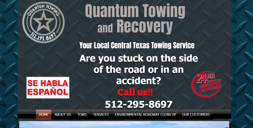 Homepage of Quantum Unlimited Towing's website / www.quantumtow.com
