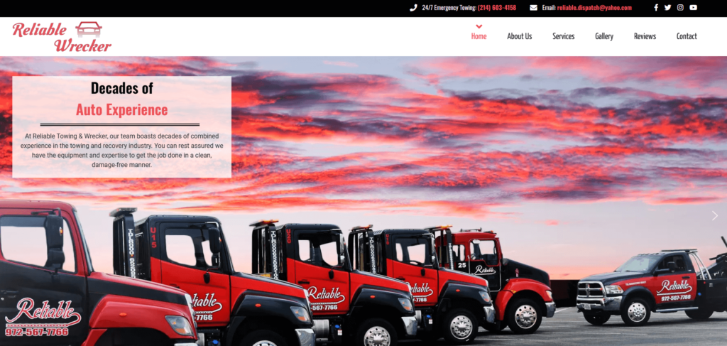 Homepage of the Reliable Towing & Wrecker Service's website / reliablewrecker.com