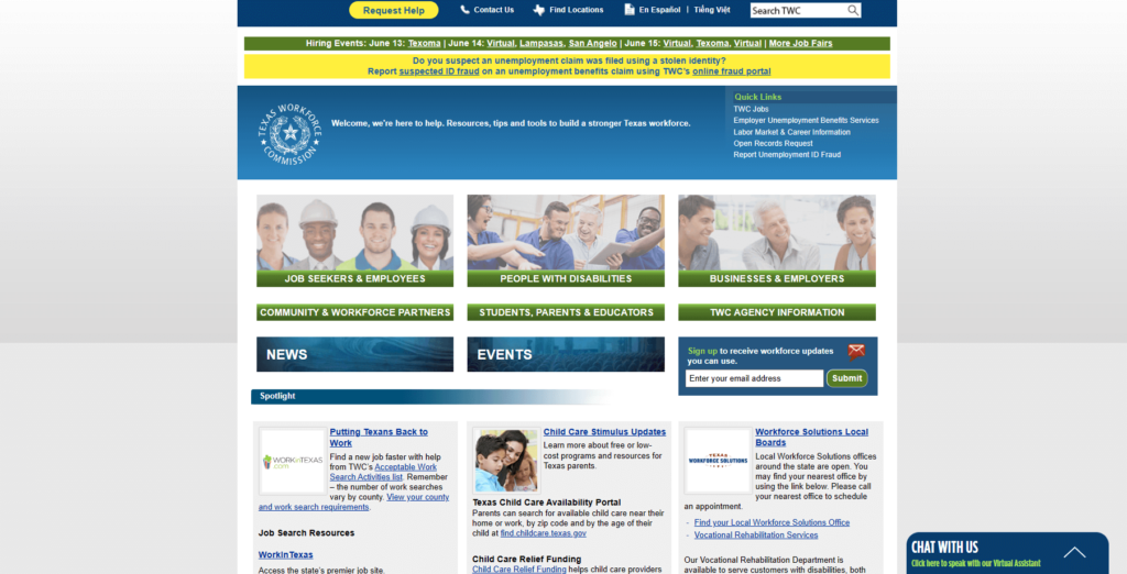 Homepage of the Texas Workforce Commission's website / www.twc.texas.gov