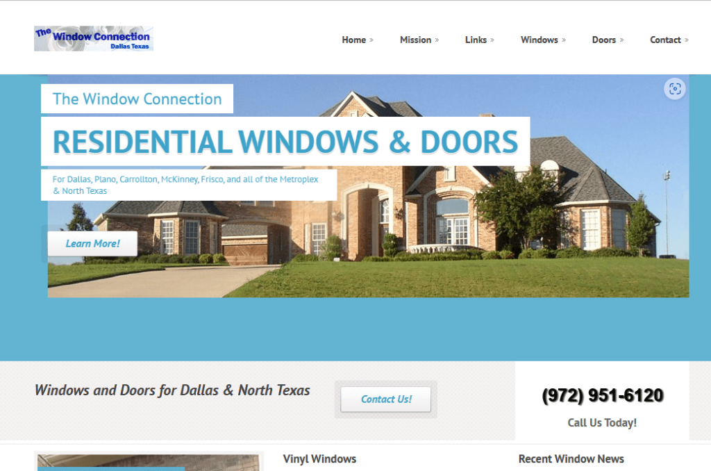 Homepage of the Window Connection's website / www.dallaswindows.com