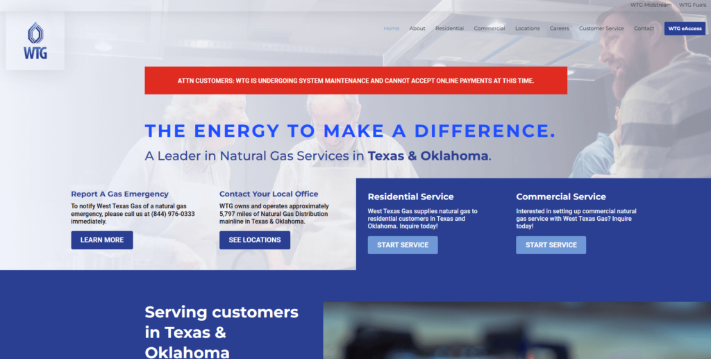 Homepage of the West Texas Gas' website / www.westtexasgas.com