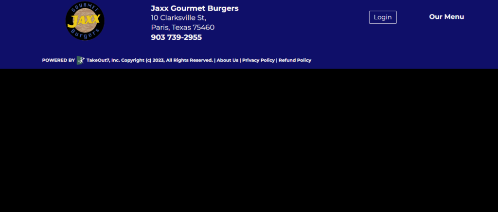 Homepage of Jaxx Gourmet Burgers Website
Link: https://jaxxgourmet.takeout7.com/