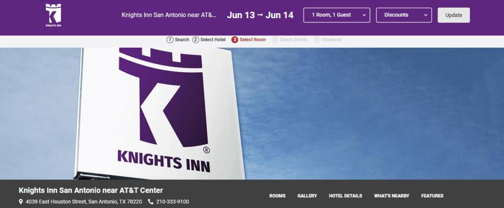 Homepage of Knights Inn San Antonio near AT&T Center
Link: https://www.redlion.com/knights-inn/tx/san-antonio/knights-inn-san-antonio-near-att-center