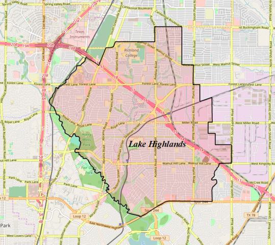 Location map of the Lake Highlands / Wikimedia Commons / OpenStreetMap contributors
Link: https://commons.wikimedia.org/wiki/File:Location_map_of_Lake_Highlands,_Dallas.png