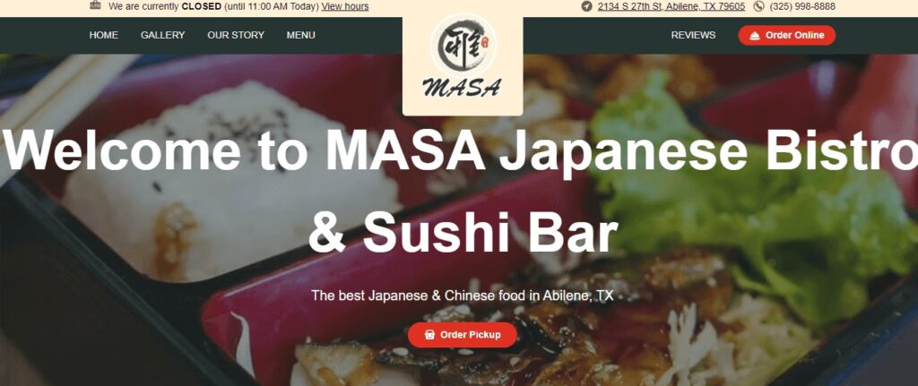 Homepage of Masa Bistro & Sushi Bar Website
Link: https://www.masaabilene.com/