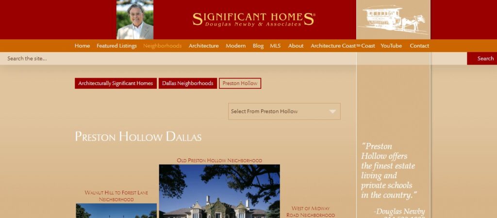 Homepage of Preston Hollow Website
Link: https://dougnewby.com/neighborhood/preston-hollow/