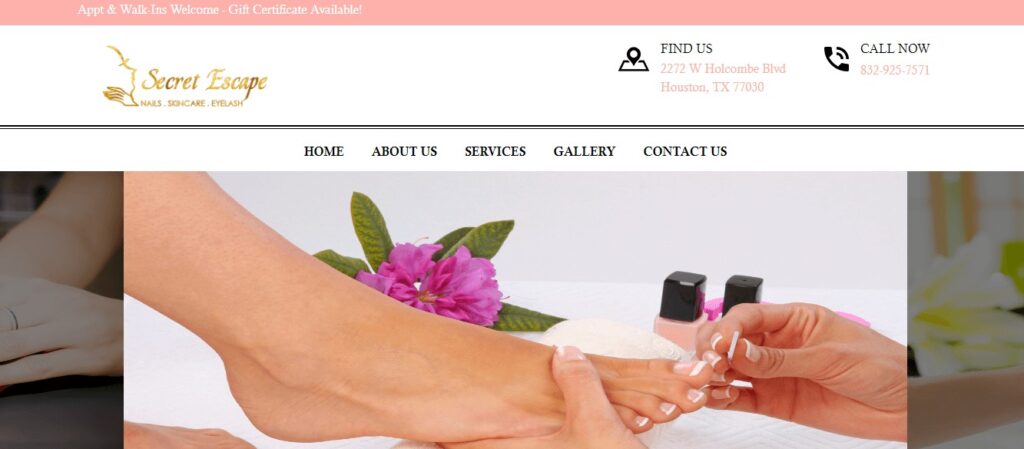 Homepage of Secret Escape Nail Lounge Website
Link: https://secretescapenailloungehouston.com/