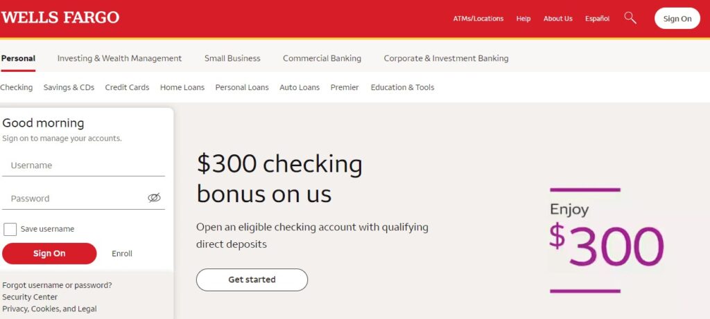 Homepage of Wells Fargo Bank Website 
Link: https://www.wellsfargo.com/
