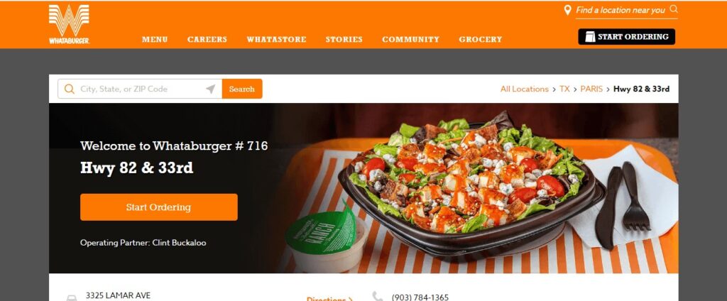 Homepage of Whataburger Website
Link: https://locations.whataburger.com/tx/paris/3325-lamar-ave.html?utm_source=yextpages&utm_medium=locallistings&utm_campaign=yextpages