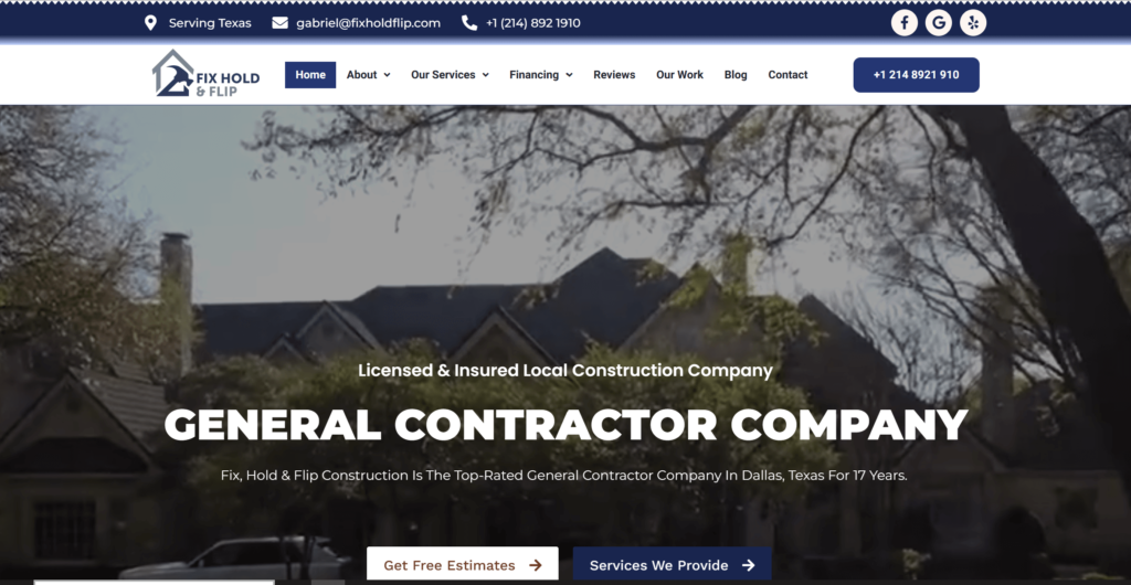 Homepage of Fix Hold Flip Construction - General Contractors of Texas' website / fixholdflip.com