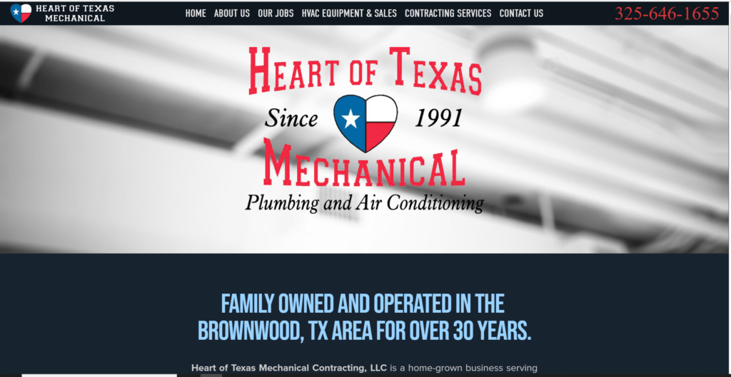 Homepage of Heart of Texas Mechanical Contracting's website / www.hotmechanical.com