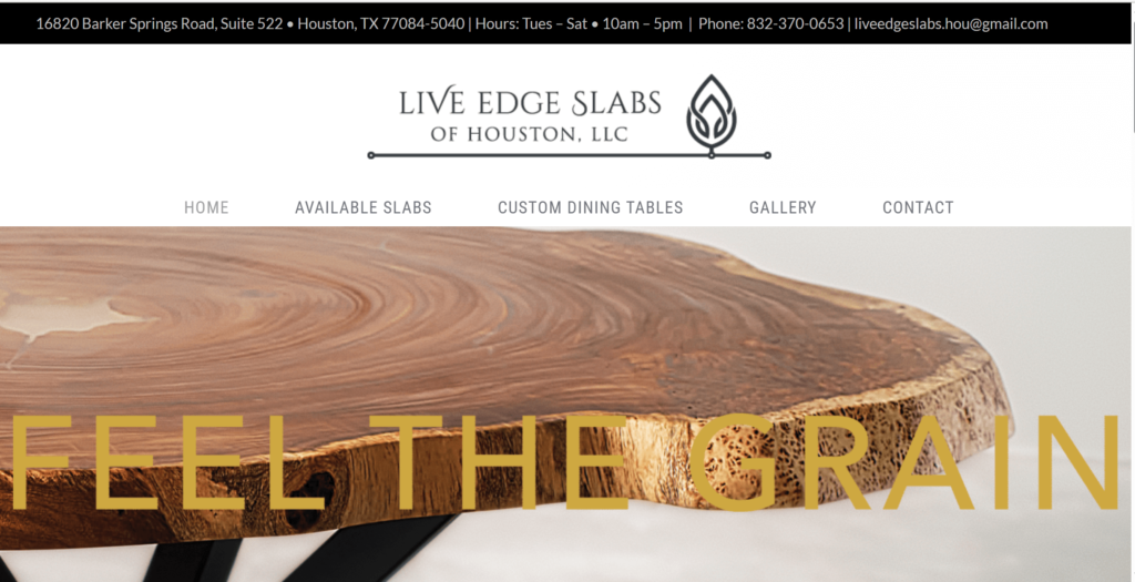 Homepage of Live Edge Slabs' website / www.liveedgeslabsofhouston.com